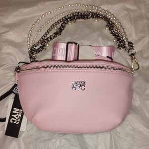 Steve Madden Pink Mini Crossbody Belt Bag with Chain & Pearl Straps